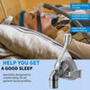 Person using a CPAP machine with text highlighting features and benefits.

